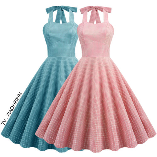 復古年代感掛脖波點連衣裙露背收腰吊帶印花度假中長裙子夏表演出