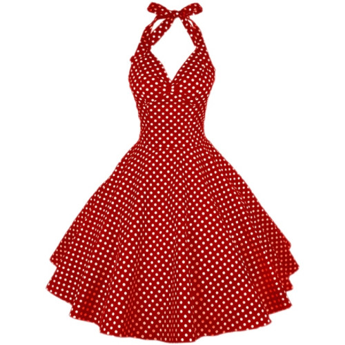 復古年代感掛脖波點連衣裙露背收腰吊帶印花度假中長裙子夏表演出