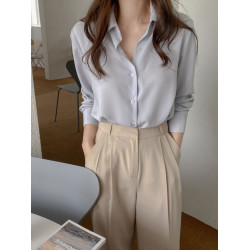 雪紡襯衫女春夏長袖溫柔藍色職業小衆雪紡衫垂感薄款氣質上衣襯衣