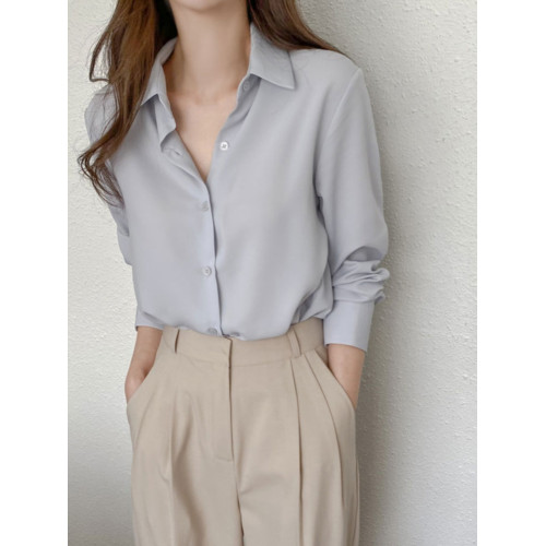 雪紡襯衫女春夏長袖溫柔藍色職業小衆雪紡衫垂感薄款氣質上衣襯衣