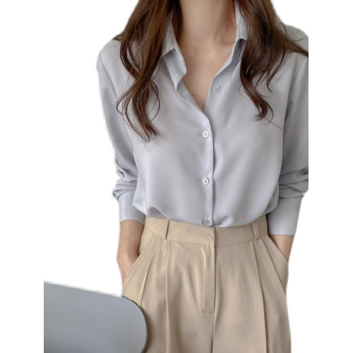 雪紡襯衫女春夏長袖溫柔藍色職業小衆雪紡衫垂感薄款氣質上衣襯衣