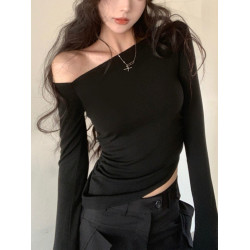 純欲性感辣妹風不規則長袖T恤女2025秋季黑色斜肩修身顯瘦上衣ins