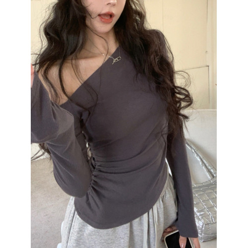 純欲性感辣妹風不規則長袖T恤女2025秋季黑色斜肩修身顯瘦上衣ins 純欲性感辣妹風不規則長袖T恤女2025秋季黑色斜肩修身顯瘦上衣ins