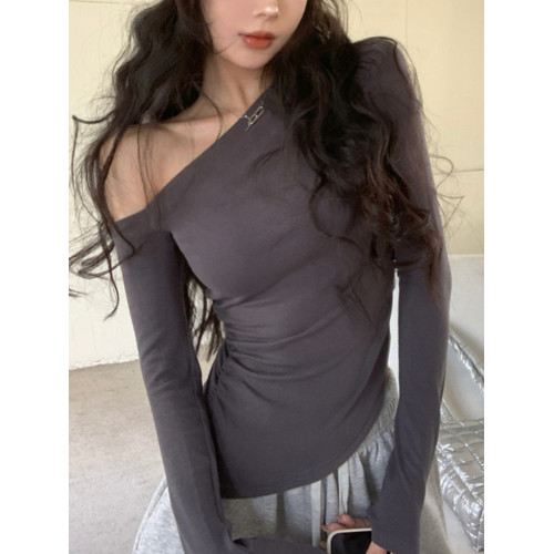 純欲性感辣妹風不規則長袖T恤女2025秋季黑色斜肩修身顯瘦上衣ins 純欲性感辣妹風不規則長袖T恤女2025秋季黑色斜肩修身顯瘦上衣ins