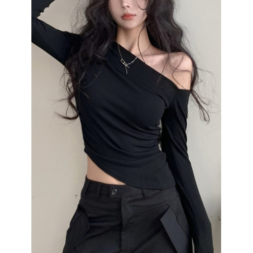 純欲性感辣妹風不規則長袖T恤女2025秋季黑色斜肩修身顯瘦上衣ins 純欲性感辣妹風不規則長袖T恤女2025秋季黑色斜肩修身顯瘦上衣ins