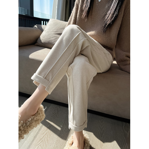 加絨毛呢褲子女秋冬季小個子高腰休閒寬松直筒西裝褲八九分菸管褲