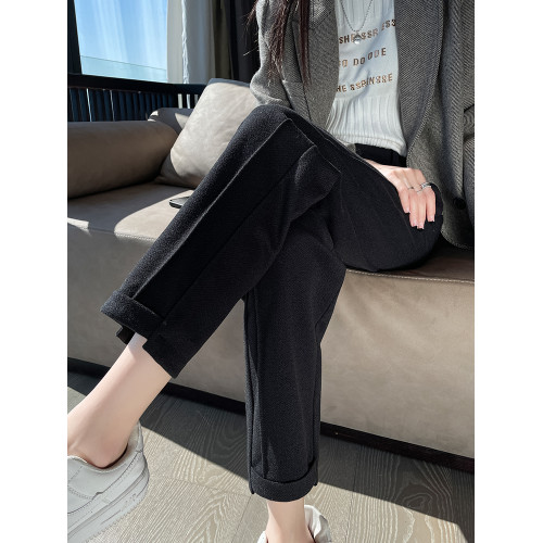 加絨毛呢褲子女秋冬季小個子高腰休閒寬松直筒西裝褲八九分菸管褲