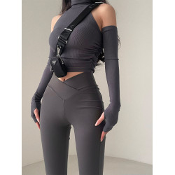 YoungGirlDay 歐美風高腰V形褲腰緊身加絨加厚微喇顯腿長休閒長褲