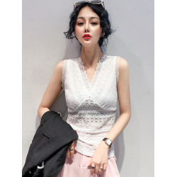 2025春秋新款修身無袖蕾絲打底衫女性感內搭V領吊帶上衣鏤空背心