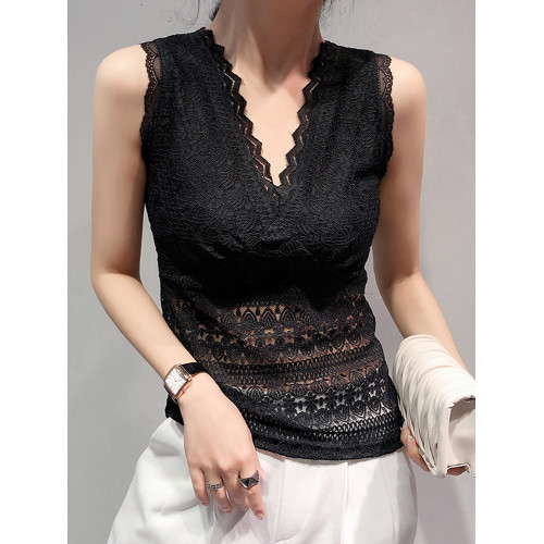 2025春秋新款修身無袖蕾絲打底衫女性感內搭V領吊帶上衣鏤空背心