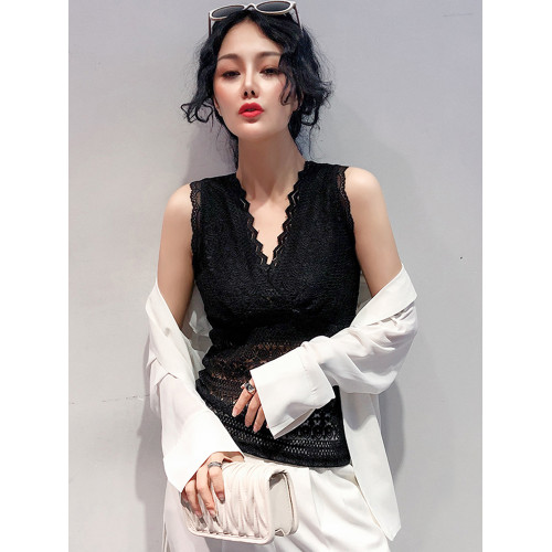 2025春秋新款修身無袖蕾絲打底衫女性感內搭V領吊帶上衣鏤空背心