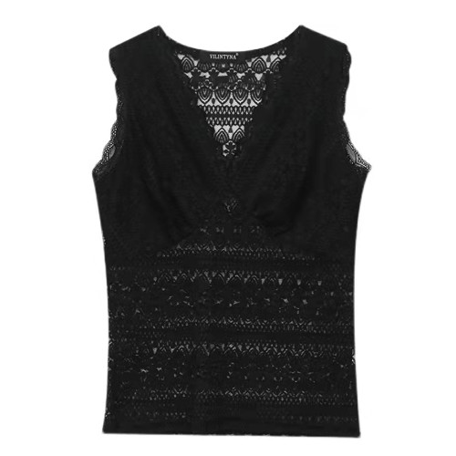 2025春秋新款修身無袖蕾絲打底衫女性感內搭V領吊帶上衣鏤空背心