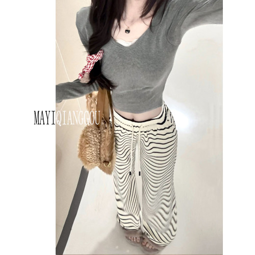 175高個子女裝加長版黑白條紋褲子女春秋高腰直筒寬鬆濶腿拖地褲