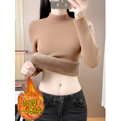 一體絨半高領毛衣女加絨加厚秋冬內搭保暖衣套頭針織羊毛衫打底衫
