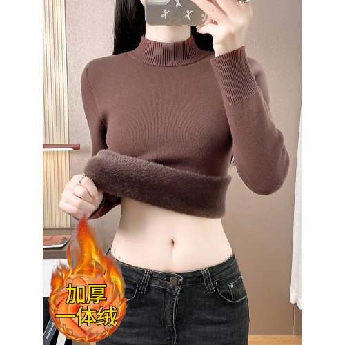 一體絨半高領毛衣女加絨加厚秋冬內搭保暖衣套頭針織羊毛衫打底衫