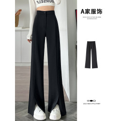 黑色微喇濶腿褲女春秋高腰垂感小個子休閒窄版直筒拖地開叉西裝褲