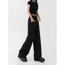 黑色西裝褲女秋季大碼高腰胖mm休閒褲女設計感垂感顯瘦工裝濶腿褲