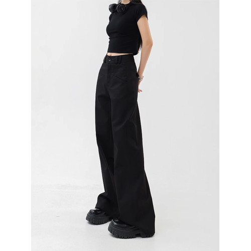 黑色西裝褲女秋季大碼高腰胖mm休閒褲女設計感垂感顯瘦工裝濶腿褲 黑色西裝褲女秋季大碼高腰胖mm休閒褲女設計感垂感顯瘦工裝濶腿褲