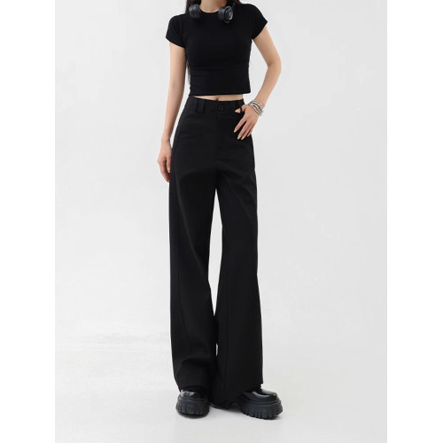 黑色西裝褲女秋季大碼高腰胖mm休閒褲女設計感垂感顯瘦工裝濶腿褲 黑色西裝褲女秋季大碼高腰胖mm休閒褲女設計感垂感顯瘦工裝濶腿褲