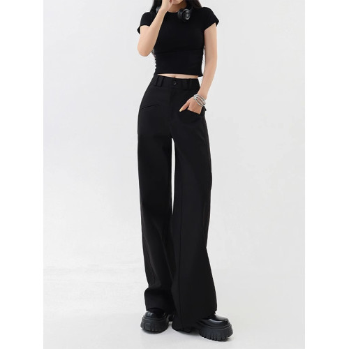 黑色西裝褲女秋季大碼高腰胖mm休閒褲女設計感垂感顯瘦工裝濶腿褲 黑色西裝褲女秋季大碼高腰胖mm休閒褲女設計感垂感顯瘦工裝濶腿褲