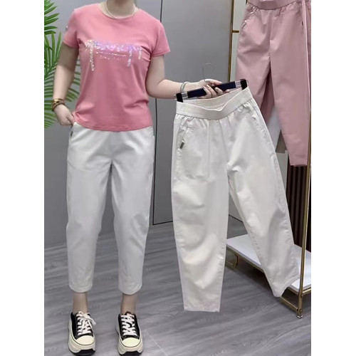 歐貨夏季水洗棉薄款八分褲子女高腰寬松哈倫褲百搭顯瘦爆款奶奶褲