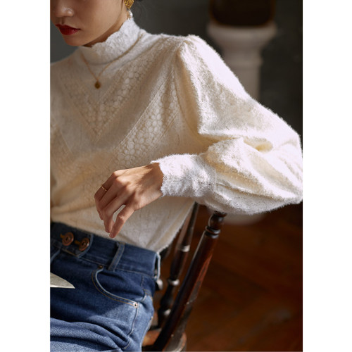 半高領磨毛蕾絲打底衫女秋冬新款法式小衫內搭曡穿加絨襯衫女上衣