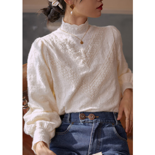 半高領磨毛蕾絲打底衫女秋冬新款法式小衫內搭曡穿加絨襯衫女上衣