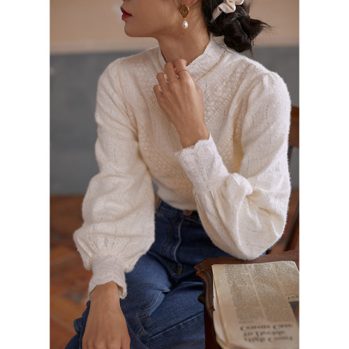 半高領磨毛蕾絲打底衫女秋冬新款法式小衫內搭曡穿加絨襯衫女上衣