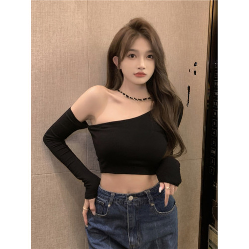 小個子甜辣妹性感露肩T恤女春季純欲短款緊身顯瘦長袖打底衫上衣
