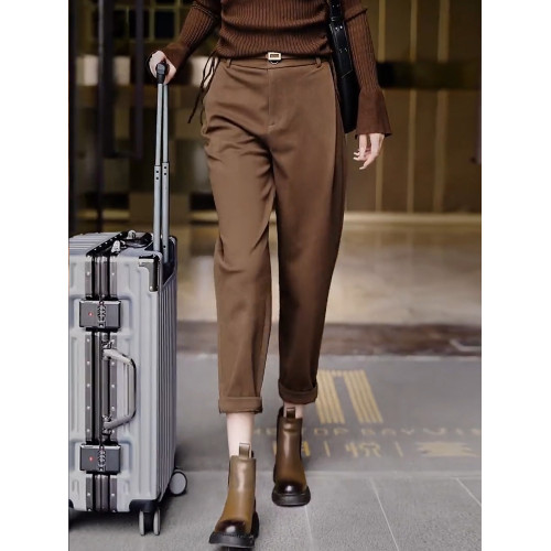 咖色毛呢九分加絨褲女秋冬高腰哈倫褲子2025新款休閒西裝菸管褲子