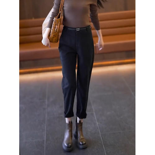 咖色毛呢九分加絨褲女秋冬高腰哈倫褲子2025新款休閒西裝菸管褲子