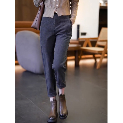 咖色毛呢九分加絨褲女秋冬高腰哈倫褲子2025新款休閒西裝菸管褲子