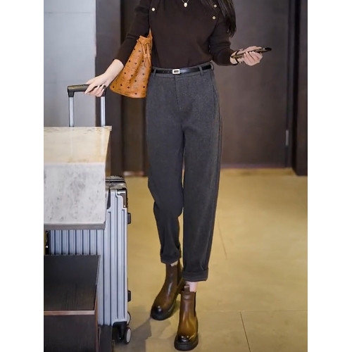 咖色毛呢九分加絨褲女秋冬高腰哈倫褲子2025新款休閒西裝菸管褲子