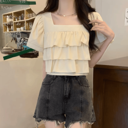 雪紡襯衫2024夏季新款韓版寬松顯瘦短袖方領百搭氣質荷葉邊上衣女
