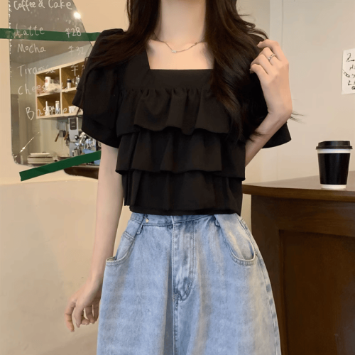 雪紡襯衫2024夏季新款韓版寬松顯瘦短袖方領百搭氣質荷葉邊上衣女