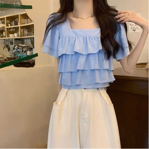 雪紡襯衫2024夏季新款韓版寬松顯瘦短袖方領百搭氣質荷葉邊上衣女