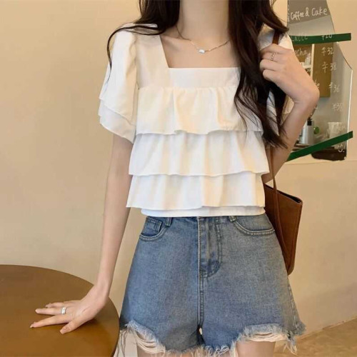 雪紡襯衫2024夏季新款韓版寬松顯瘦短袖方領百搭氣質荷葉邊上衣女