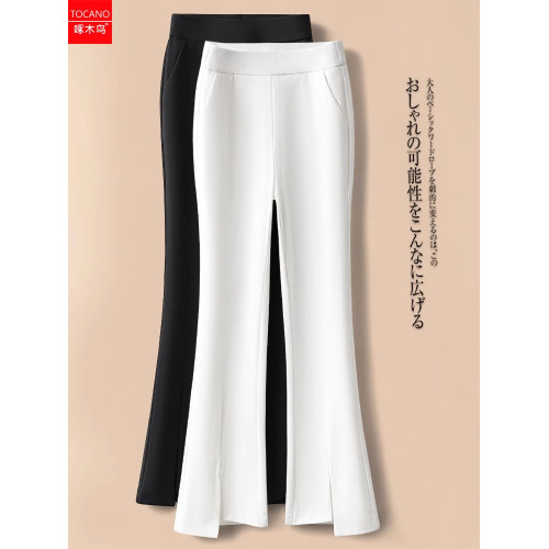 啄木鳥時尚開衩西裝褲女春秋新款百搭顯瘦松緊腰小個子休閒微喇褲