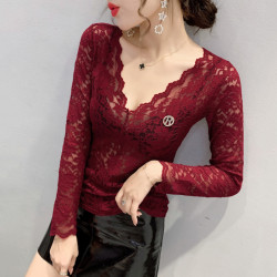 女裝2024秋季性感鏤空氣質V領蕾絲衫女長袖洋氣上衣緊身打底衫女