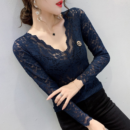 女裝2024秋季性感鏤空氣質V領蕾絲衫女長袖洋氣上衣緊身打底衫女