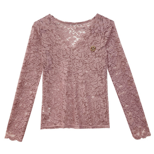 女裝2024秋季性感鏤空氣質V領蕾絲衫女長袖洋氣上衣緊身打底衫女