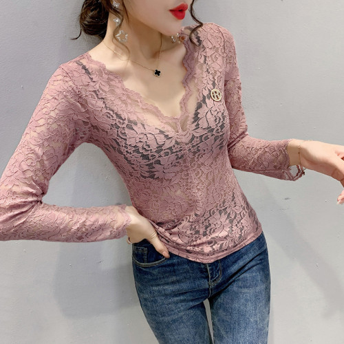 女裝2024秋季性感鏤空氣質V領蕾絲衫女長袖洋氣上衣緊身打底衫女