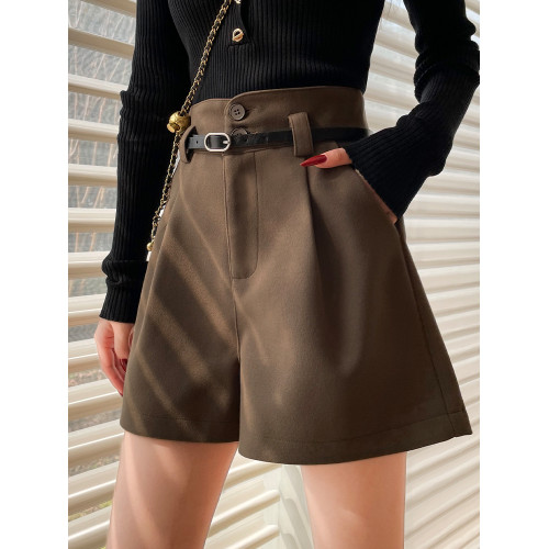 咖色毛呢短褲女秋冬季新款加厚高腰顯瘦外穿打底a字濶腿休閒靴褲