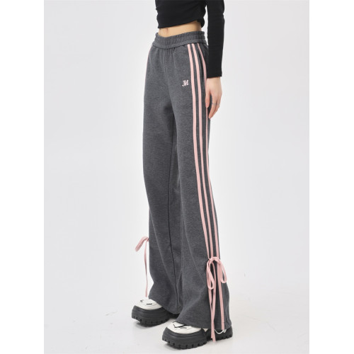 設計感蝴蝶結三條杠休閒褲女寬松高級感獨特別致直筒窄版運動衛褲 設計感蝴蝶結三條杠休閒褲女寬松高級感獨特別致直筒窄版運動衛褲