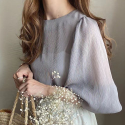 日系氣質微透吊帶兩件套襯衫女式大版款春夏季雪紡燈籠袖襯衣