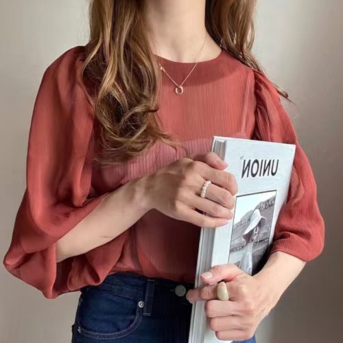 日系氣質微透吊帶兩件套襯衫女式大版款春夏季雪紡燈籠袖襯衣