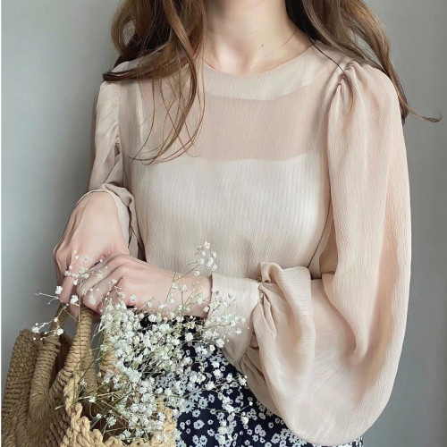 日系氣質微透吊帶兩件套襯衫女式大版款春夏季雪紡燈籠袖襯衣