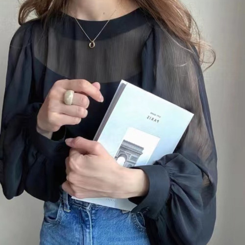 日系氣質微透吊帶兩件套襯衫女式大版款春夏季雪紡燈籠袖襯衣