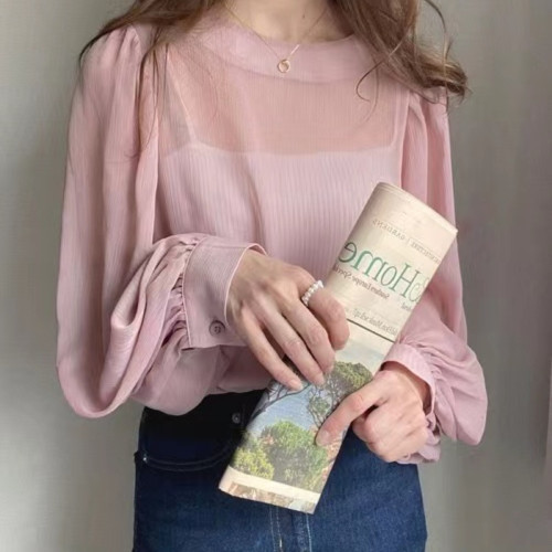 日系氣質微透吊帶兩件套襯衫女式大版款春夏季雪紡燈籠袖襯衣