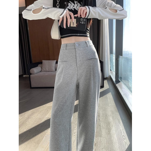 145小個子灰色西裝濶腿褲女春秋150高腰垂感直筒褲寬松運動休閒褲